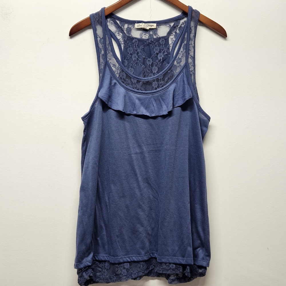 Sleeveless Tank Top Tunic Size XL Blue Lace Lined Ruffle Overlay Boho Racerback